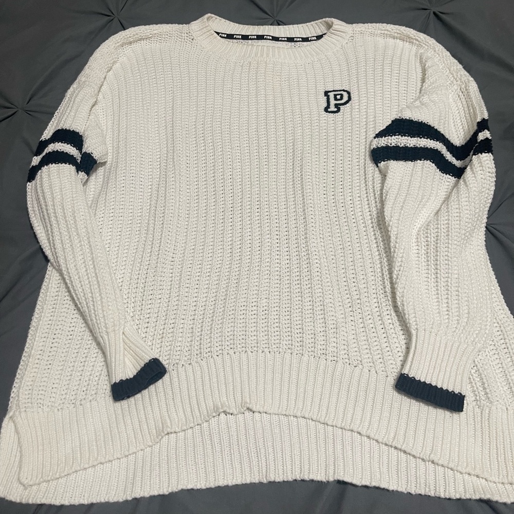 VS Pink varsity White Sweater with Black Stripes EUC